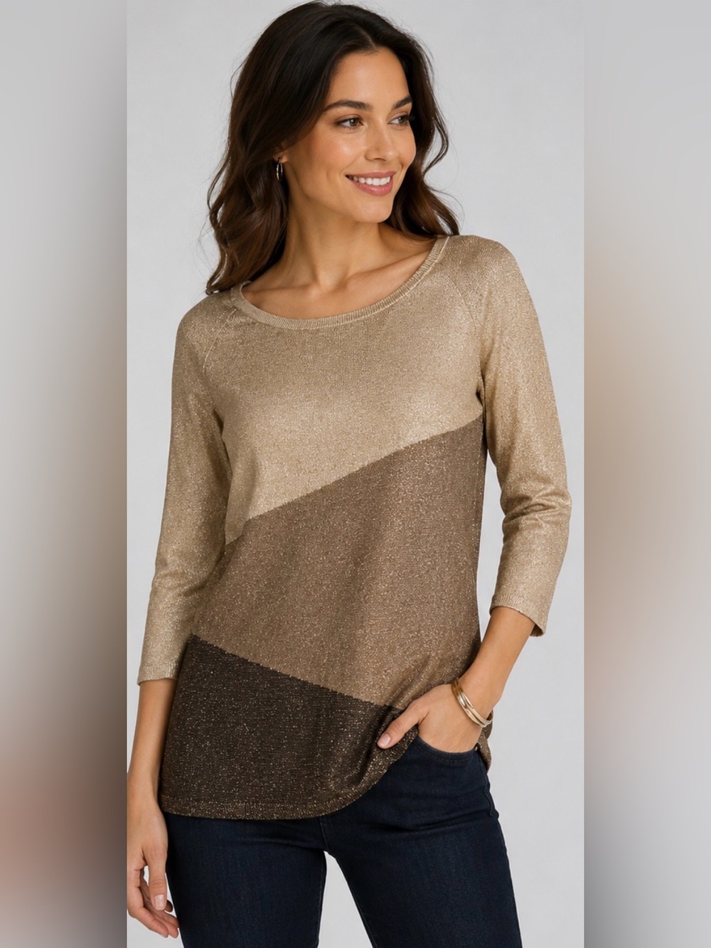 Armani Exchange Metallic Colorblock Long Sleeve Top - Gold, Tan, Brown Size XS